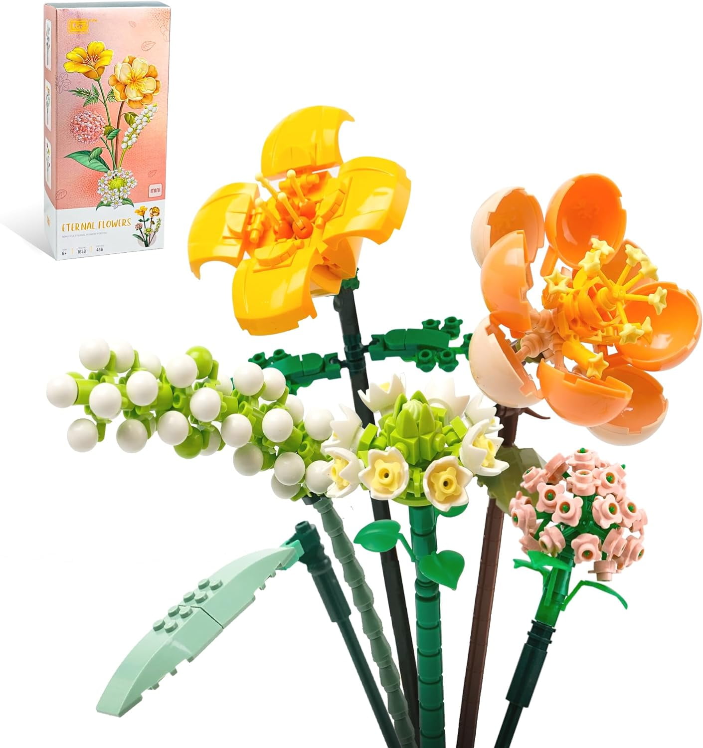 R Choi's 456Pcs Artificial Flowers Building Set - Mini Bricks Flower Bouquet, Unique DIY Decoration Home, Botanical Collection for Kids and Adults Birthday Valentine's Day Gift