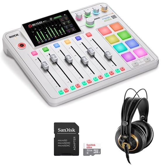 RDE RDECaster Pro II All-in-One Production Solution (White) Bundle with AKG Pro Audio K240 Professional Studio Headphones and SanDisk 32GB Memory Card with SD Adapter