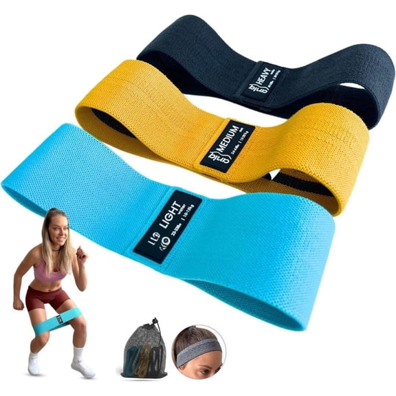 (R) Fabric Resistance Bands for & - Non-Slip Booty Bands Set - 3 Levels for Squats & Glutes - Cloth Loop Workout Exercise Equipment with Carry Bag, Headband & Guides For Pilates, Yoga, Gym