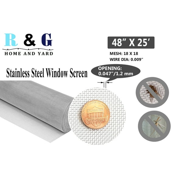 R & G Home and Yard Window Screen Mesh- 48" X 25' Stainless Steel Screen Roll – Mosquito and Bugs Netting for Window, Door, Patio – Dog, Cat and Pets Screen Protector Replacement for Doors and Garage