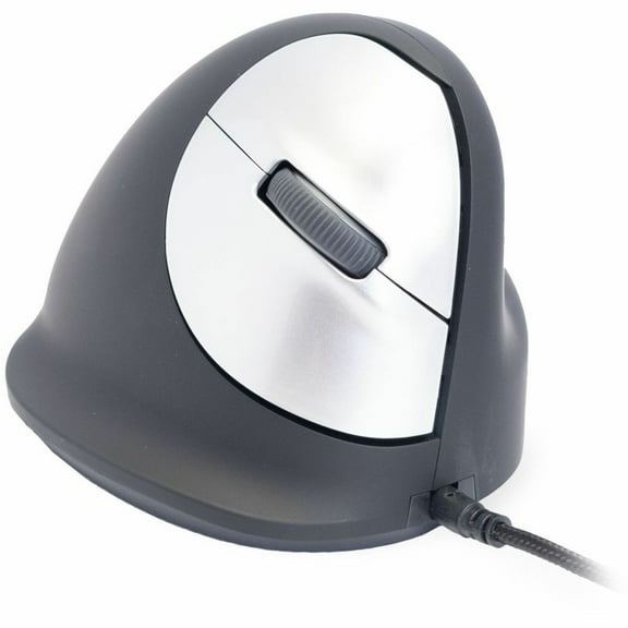 R-Go HE Ergonomic Mouse, Silent Click, Built-in Break Software, Vertical Ergo Mouse, Wired with USB-C+USB A Converter, 2400DPI, 5 Buttons, Prevention Tennis Elbow/Mouse arm, Black/Silver