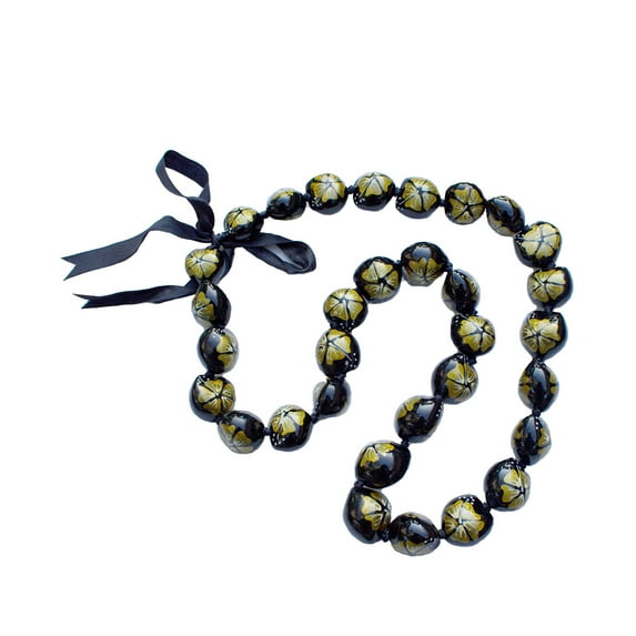 R.H. Jewelry Kukui Nut Leis Black with Gold Flower