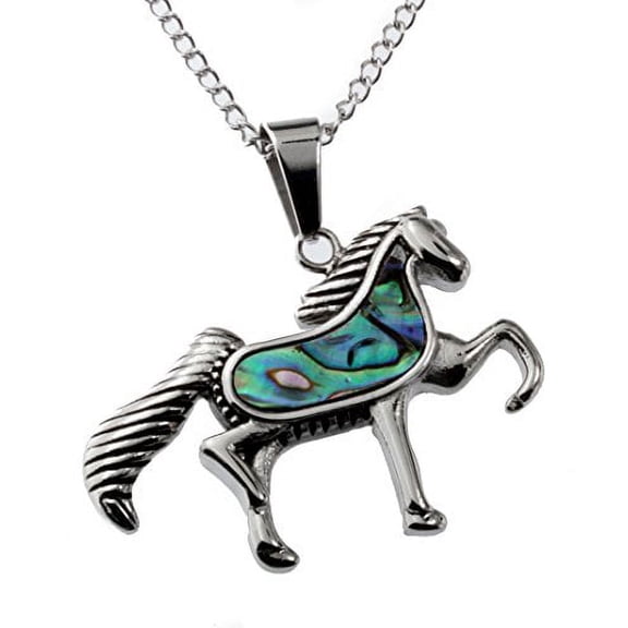 R.H Jewelry Simulated Abalone Shell Inlaid Stainless Steel, Horse Design Pendant Necklace