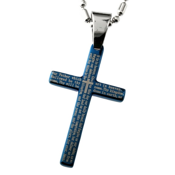 R.H. Jewelry Stainless Steel Blue Small Cross Pendants 1.25 Inches Long the Lord's Prayer Necklace