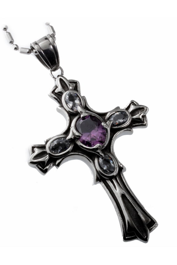 Stainless Steel Classical Cross Pendant With Purple Glass Crystal