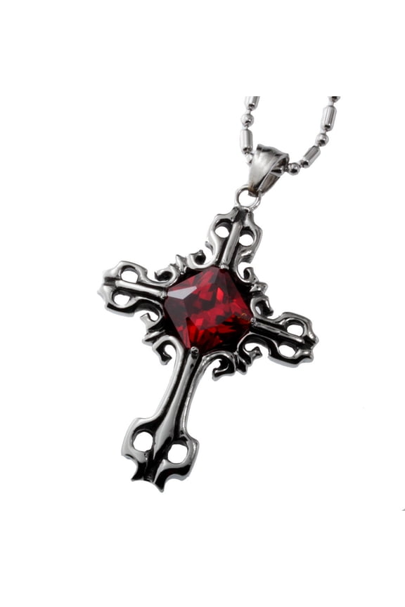 Stainless Steel Classical Cross Pendant for Women, Red Crystal Cross