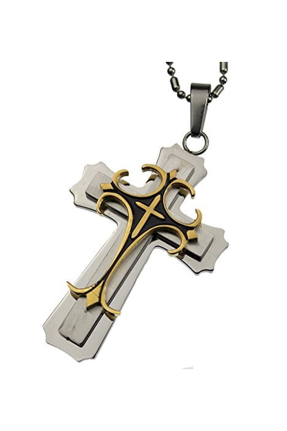 Stainless Steel Men's Cross Pendant, Three Layer Cross Necklace