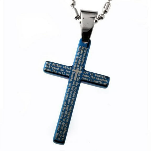 R.H. Jewelry Stainless Steel Pendant, Blue Plate the Lord's Prayer Small Cross 32mm Length