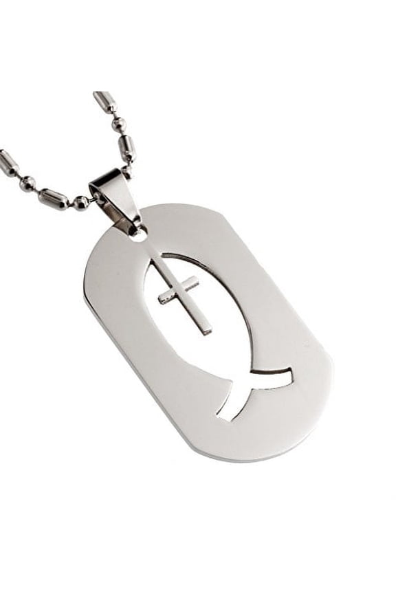 Stainless Steel Pendant, Christian Fish and Cross Dog Tag