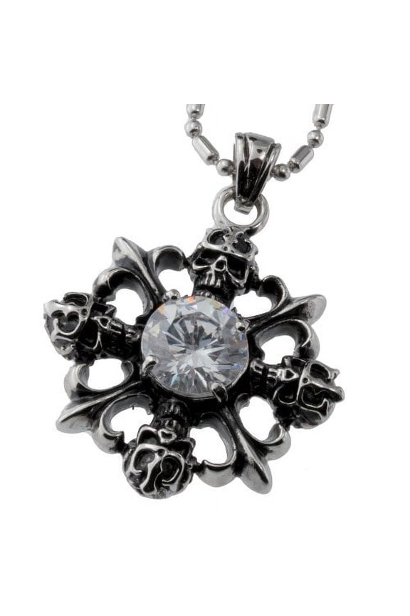 Stainless Steel Pendant Cz Stone Skull Cross Necklace