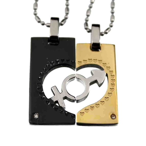 R.H. Jewelry Stainless Steel Pendant Lovers Couple Black and Yellow Split Heart Matching Pendant Set