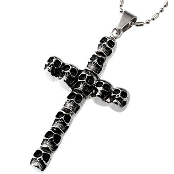 R.H. Jewelry Stainless Steel Pendant, Vintage Style Skulls Cross Necklace
