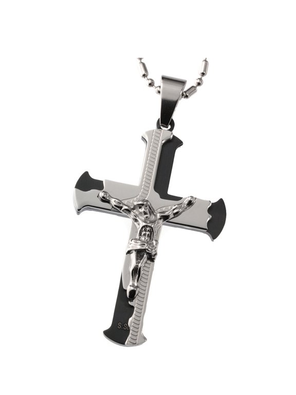 Stainless Steel Silver-ton Pendant Jesus Crucifix Cross Christian Symbol Necklace