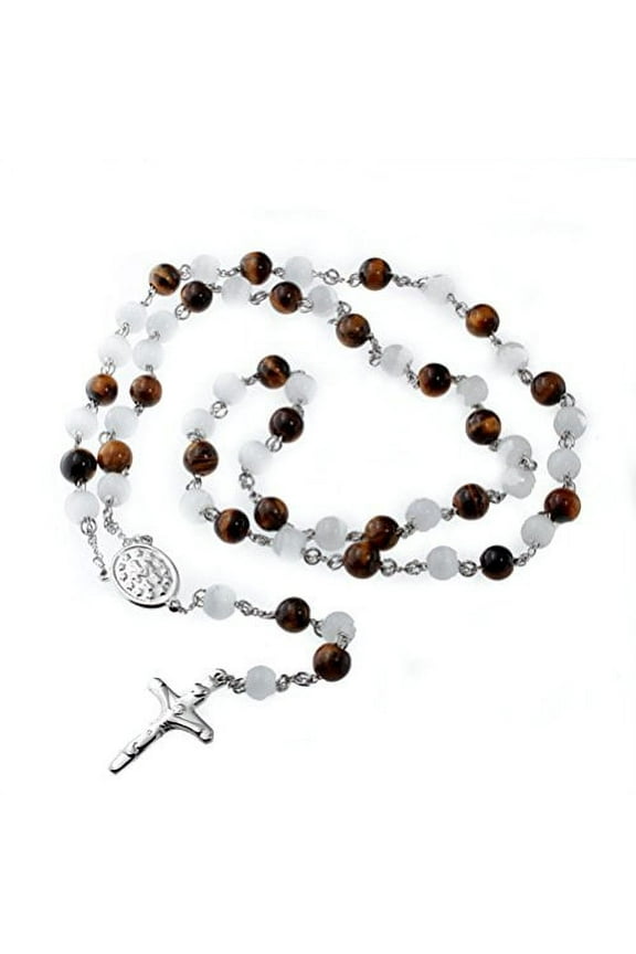 Stainless Steel Simulated Tiger Eye and White Plastic Crystal Rosary Necklace