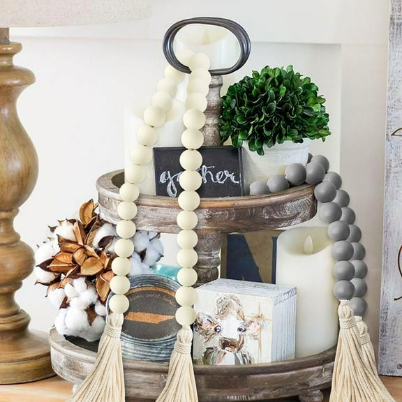 MALLMALL6 2Pcs Classic Wood Beads Tassel,27 inch White & Gray Wood Bead Garland for Christmas Home Dcor