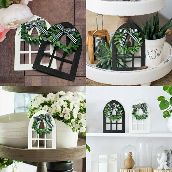MALLMALL6 2Pcs Wooden Farmhouse Window Tiered Tray Decoration, Black & White