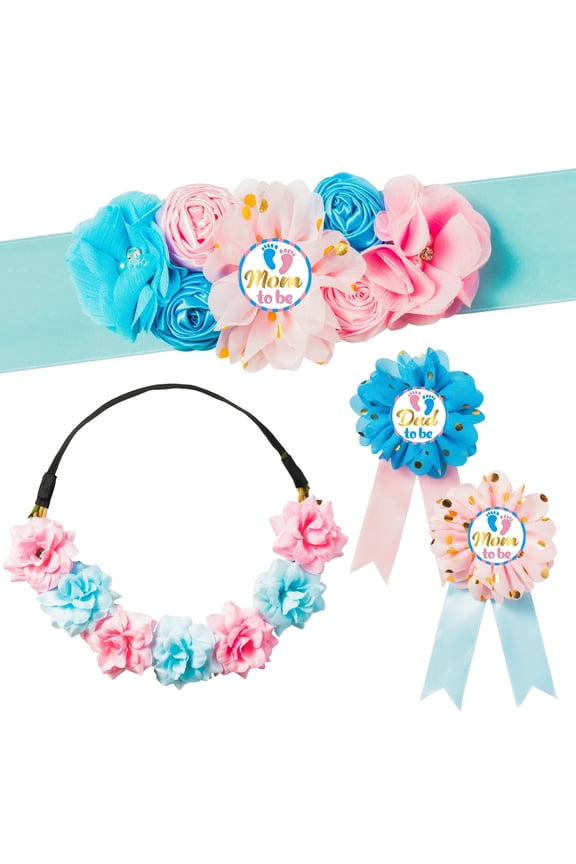 Pink Blue Maternity Sash Set for Gender Reveal Baby Shower Party Photo Props,5Counts