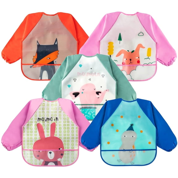 MALLMALL6 Long Sleeve Waterproof Baby Bibs, Cartoon Fox Penguin Print, 5 Pack, 6-36 Months