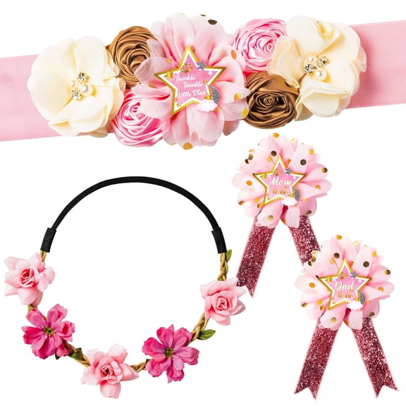 Maternity Pregnancy Flower Belly Sash and Corsage Pin Set for Gender Reveal, Pink, 5Counts
