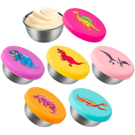 Haooryx Stainless Steel Sauce Cups with Dinosaur Silicone Lids, Leak-Proof Salad Dressing Containers for Travel Camping Party,12-Pack