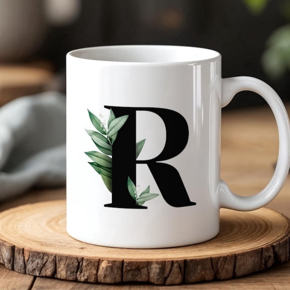 R Initial Mug with Green B1Otanil Letter Pernalized Monogram Coffee Cup Minimal Floral Gift oz Ceramic.