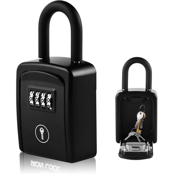 (R) Key Box Portable with U-Shackle - Small Heavy-Duty Safe with 4-Digit Combination for Spare Outside Door Knob, Fence, or Gate (Black, Small)