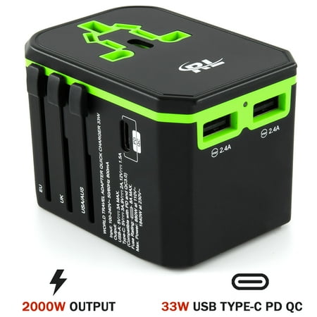 R&L Travel Adapter, Universal International Power Adapters with Two USB Ports and C Type USB-C PD QC