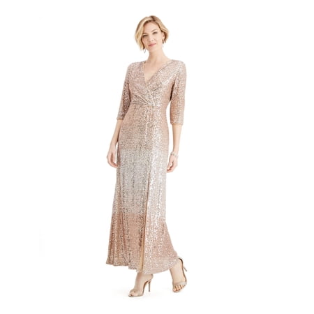 R&M RICHARDS PETITE Womens Beige Sequined Zippered 3/4 Sleeve V Neck Full-Length Formal Faux Wrap Dress Petites 4P