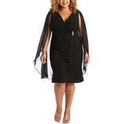 R&M RICHARDS WOMAN Womens Black Stretch Zippered Embellished Sheer Attached Cape Surplice Neckline Knee Length Evening Sheath Dress Plus 14W