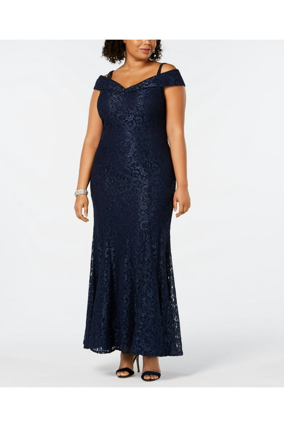 WOMAN Womens Navy Lace Glitter Floral Sleeveless Off Shoulder Full-Length Evening Pleated Dress Plus 22W
