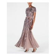 R&M RICHARDS Womens Beige Sequined Belted Short Sleeve Jewel Neck Tea-Length Formal Fit + Flare Dress 6