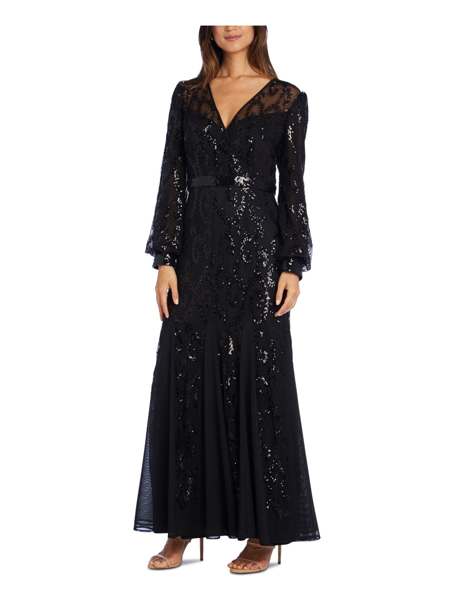 R&M RICHARDS Womens Black Embellished Long Sleeve V Neck Full-Length Formal  Fit + Flare Dress Petites 8P - Walmart.com