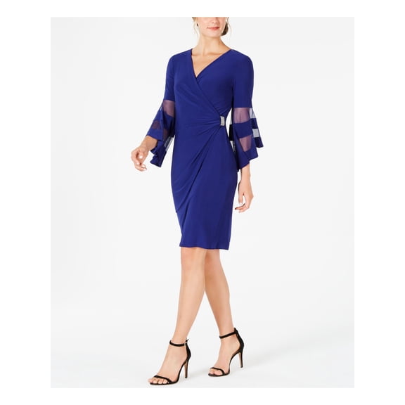 R&M RICHARDS Womens Blue Bell Sleeve V Neck Midi Formal Shift Dress 14