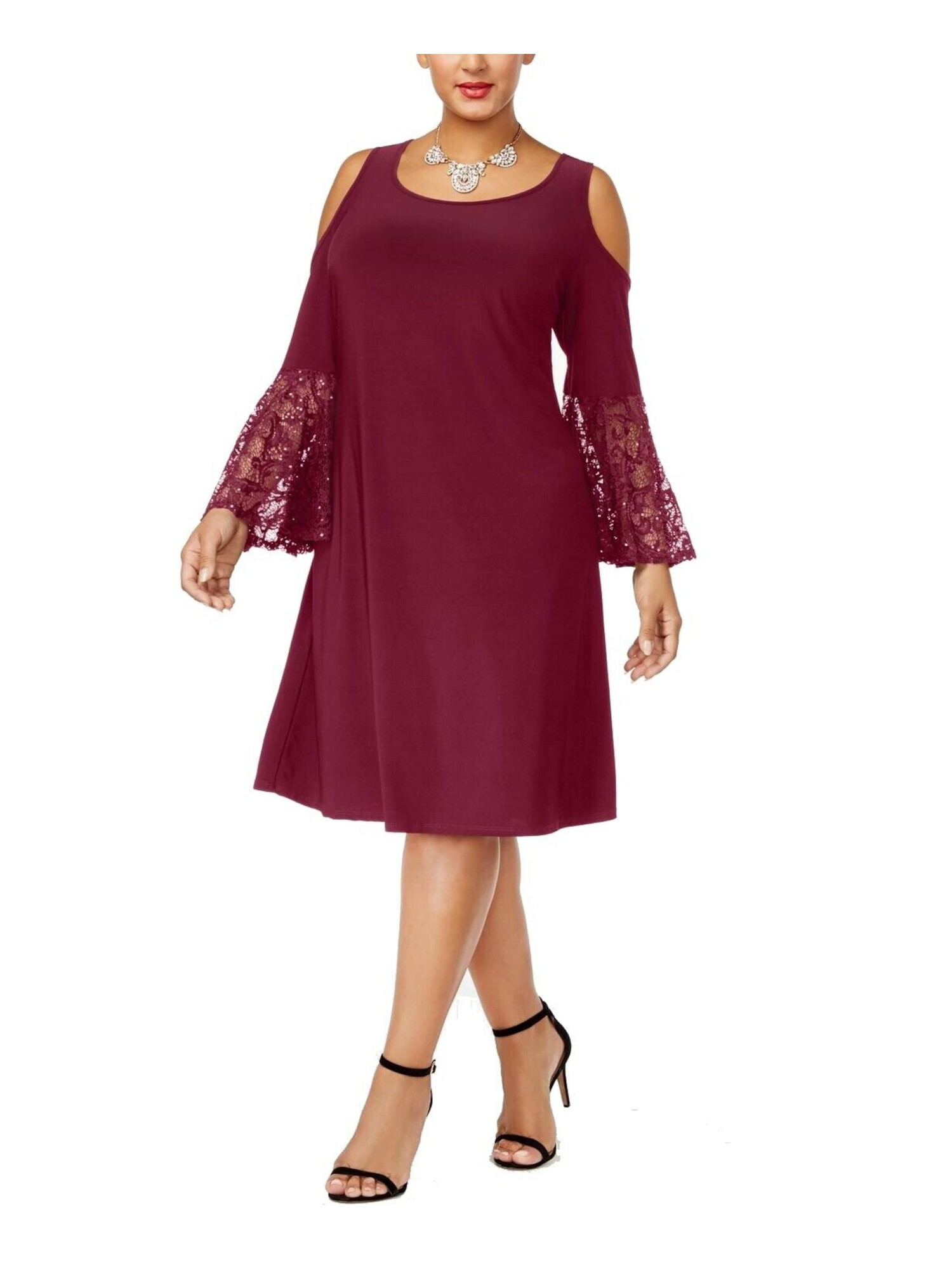 R&M RICHARDS Womens Burgundy Lace Cold Shoulder Bell Sleeve Scoop  