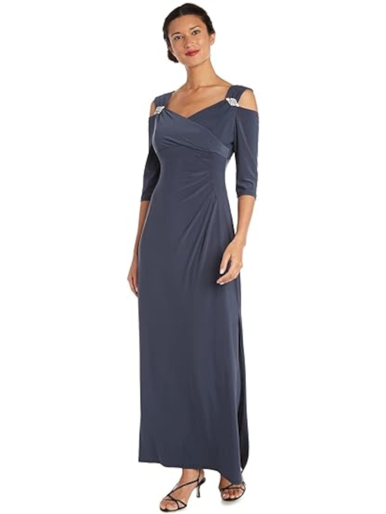 R&M RICHARDS Womens Gray Cold Shoulder Slitted Zippered Embellished 3/4  Sleeve Sweetheart Neckline Full-Length Evening Gown Dress 10 - Walmart.com