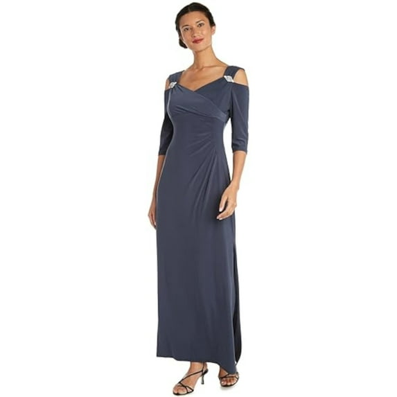 R&M RICHARDS Womens Gray Cold Shoulder Slitted Zippered Embellished 3/4 Sleeve Sweetheart Neckline Full-Length Evening Gown Dress 10
