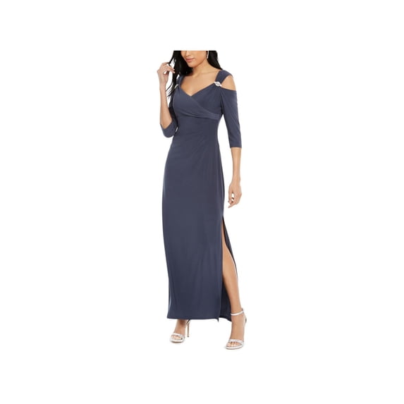 R&M RICHARDS Womens Gray Cold Shoulder Slitted Zippered Embellished 3/4 Sleeve Sweetheart Neckline Full-Length Evening Gown Dress 16