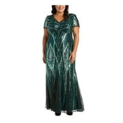 R&M RICHARDS Womens Green Sequined Zippered Short Sleeve V Neck Full-Length Evening Mermaid Dress Plus 22W