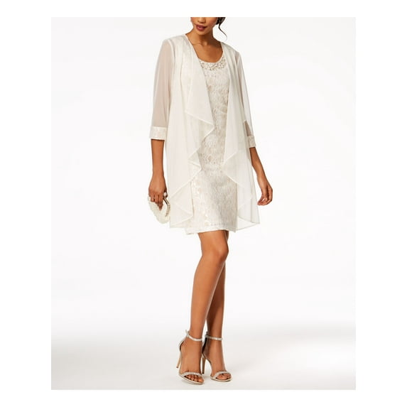 R&M RICHARDS Womens Ivory Stretch Embellished Drape Front 34 Sleeve Jacket Sleeveless Scoop Neck Above The Knee Party Sheath Jacket 14