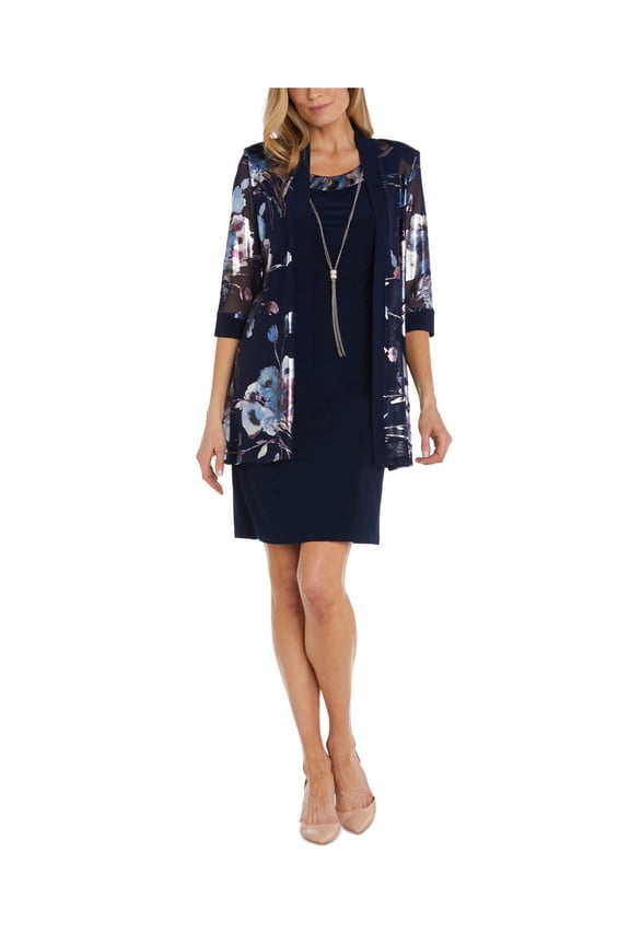 Womens Navy Lace Sequined Open Front 3/4 Sleeve Jacket Sleeveless Scoop Neck Above The Knee Party Sheath Dress 8
