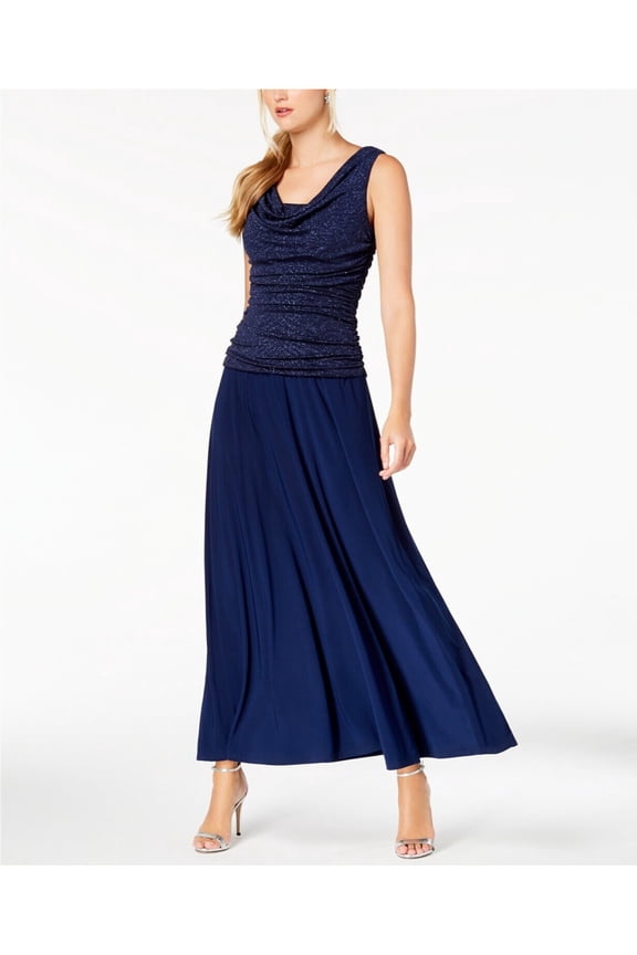 Womens Navy Lace Sequined Sleeveless Scoop Neck Maxi Evening Shift Dress 10