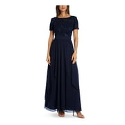 R&M RICHARDS Womens Navy Sequined Lace Ruffle Lined Zippered Short Sleeve Round Neck Full-Length Formal Gown Dress 18