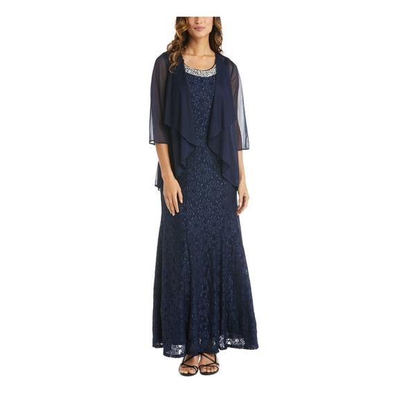 R&M RICHARDS Womens Navy Sheer 3/4 Sleeve Open Front Waterfall Cardigan 14