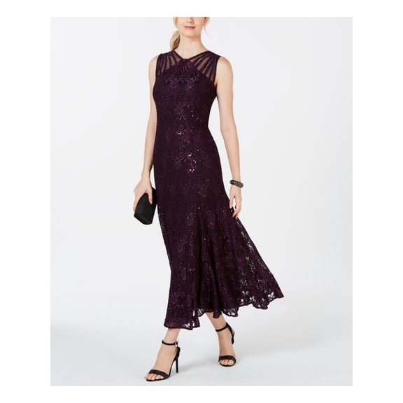 R&M RICHARDS Womens Purple Sleeveless V Neck Tea-Length Evening Dress 8