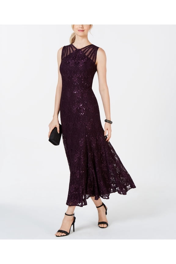 Womens Purple Sleeveless V Neck Tea-Length Evening Dress 8
