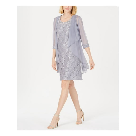 R&M RICHARDS Womens Silver Sheer Lace Glitter Cuff Evening Jacket 10