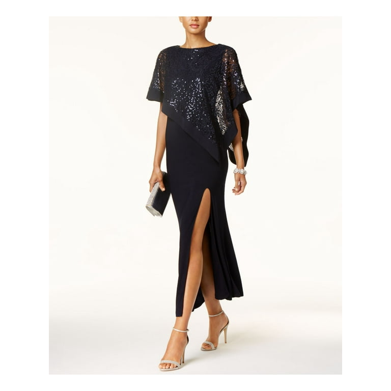 R M RICHARDS Womens Navy Slitted Lined Asymmetrical Sequined Lace Cape Flutter Sleeve Boat Neck Maxi Evening Gown Dress 10 Walmart