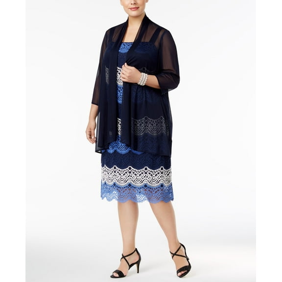 R M Richards Plus Size Lace Colorblocked Dress Sheer Jacket Navy White 14W