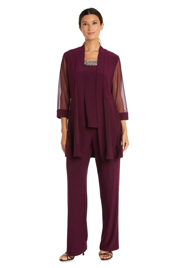 Three Piece Pants Suit Round Neck Sleeveless Top with Soft-Cut Draped Lapel Mesh Jacket Formal Dress Color: MERLOT, Size: 8