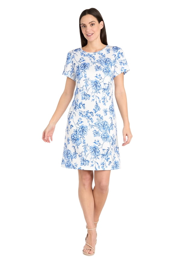 Women's Floral Print Linen Shift Dress - T-Shirt Style, 10 Petite